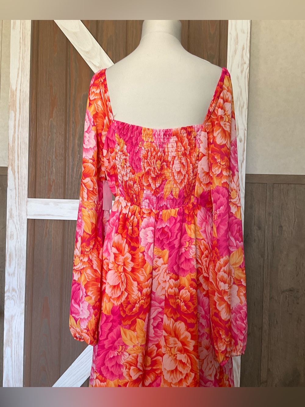 Steve Madden Floral Mini Dress, Pink Orange Sweetheart Neck Long Sleeve Size 10 - Picture 5 of 6